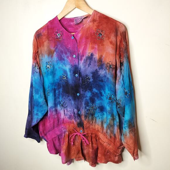2 Of Us Tie Dye Button Up Shirt Beaded Flower Boho Hippie - Picture 5 of 14